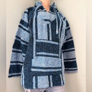 💫Vintage 90s Mexicana Blue Knit Poncho Baja Surfer Hoodie Hippie Pullover